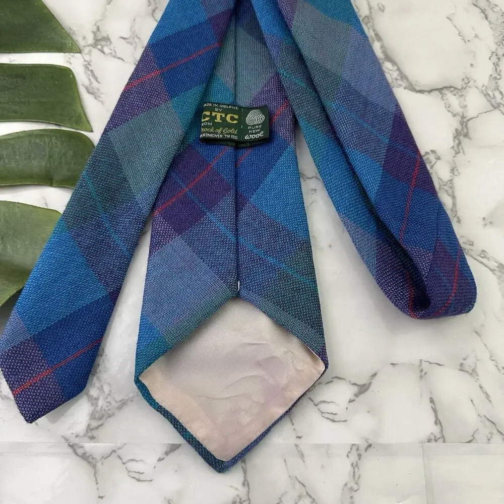 CTC Mens Vintage 80s Wool Neck Tie Made in Ireland Blue Purple Plaid Tweed